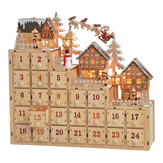 Adventskalender Winterszene mit LED aus Holz 38cm