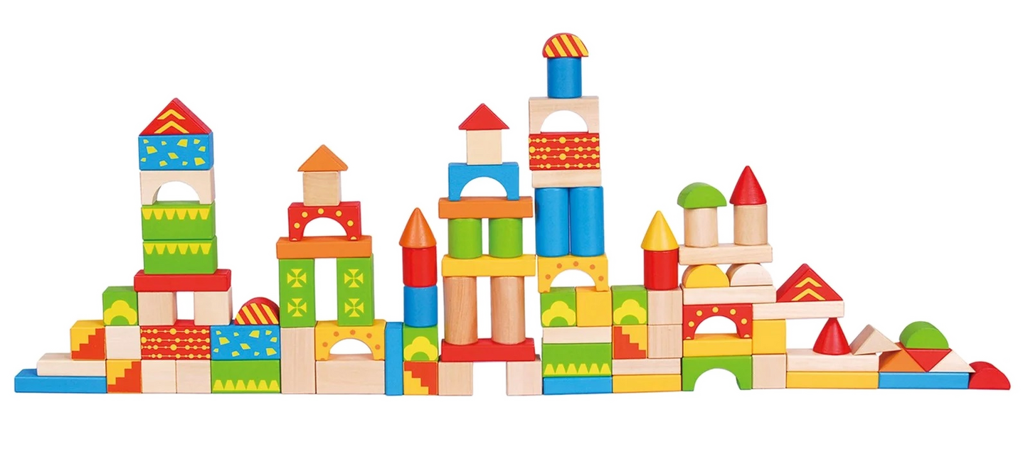 Wooden building blocks in a box of 100 pieces