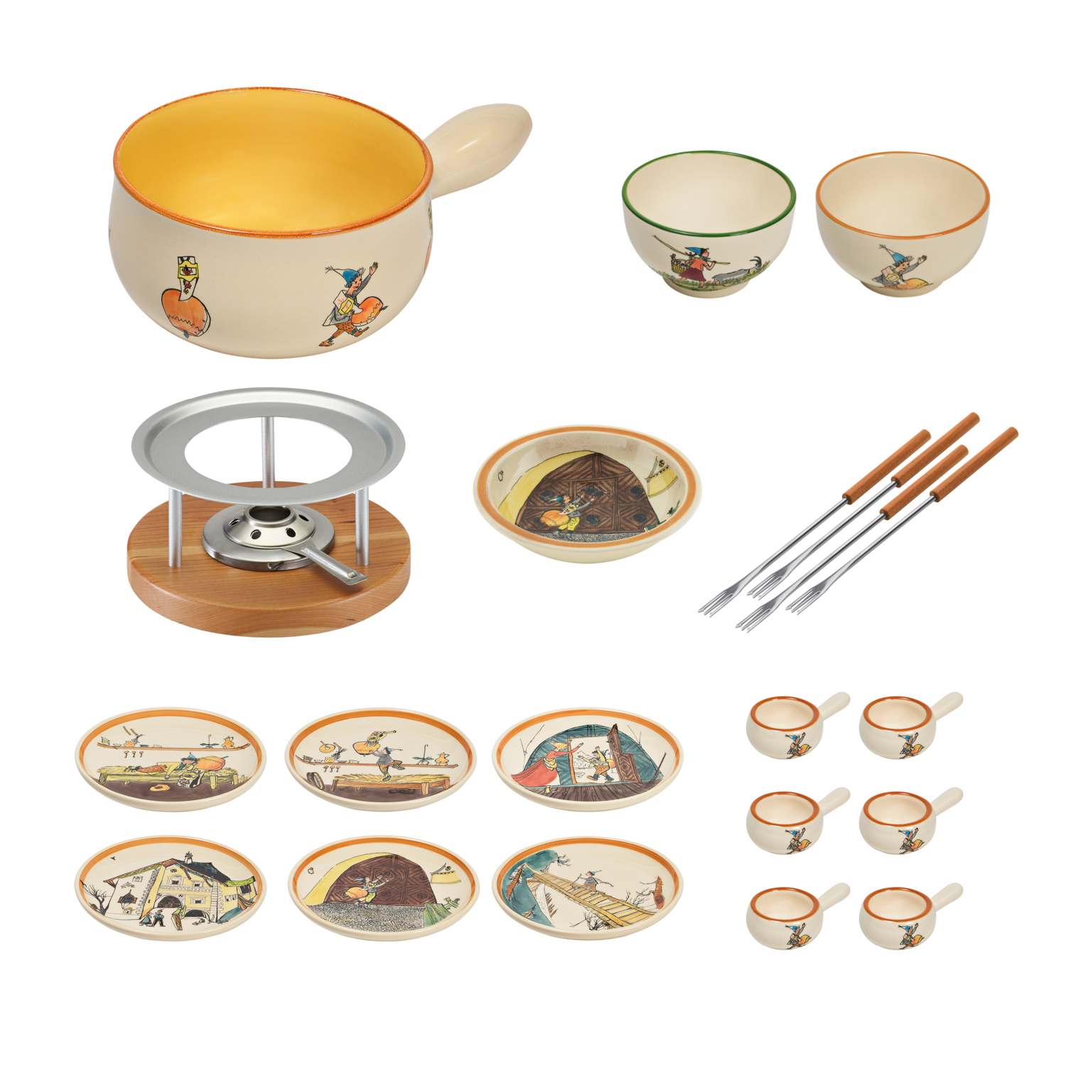 Käsefondue Set mit Caquelon, Tellern und Schnapscaquelons