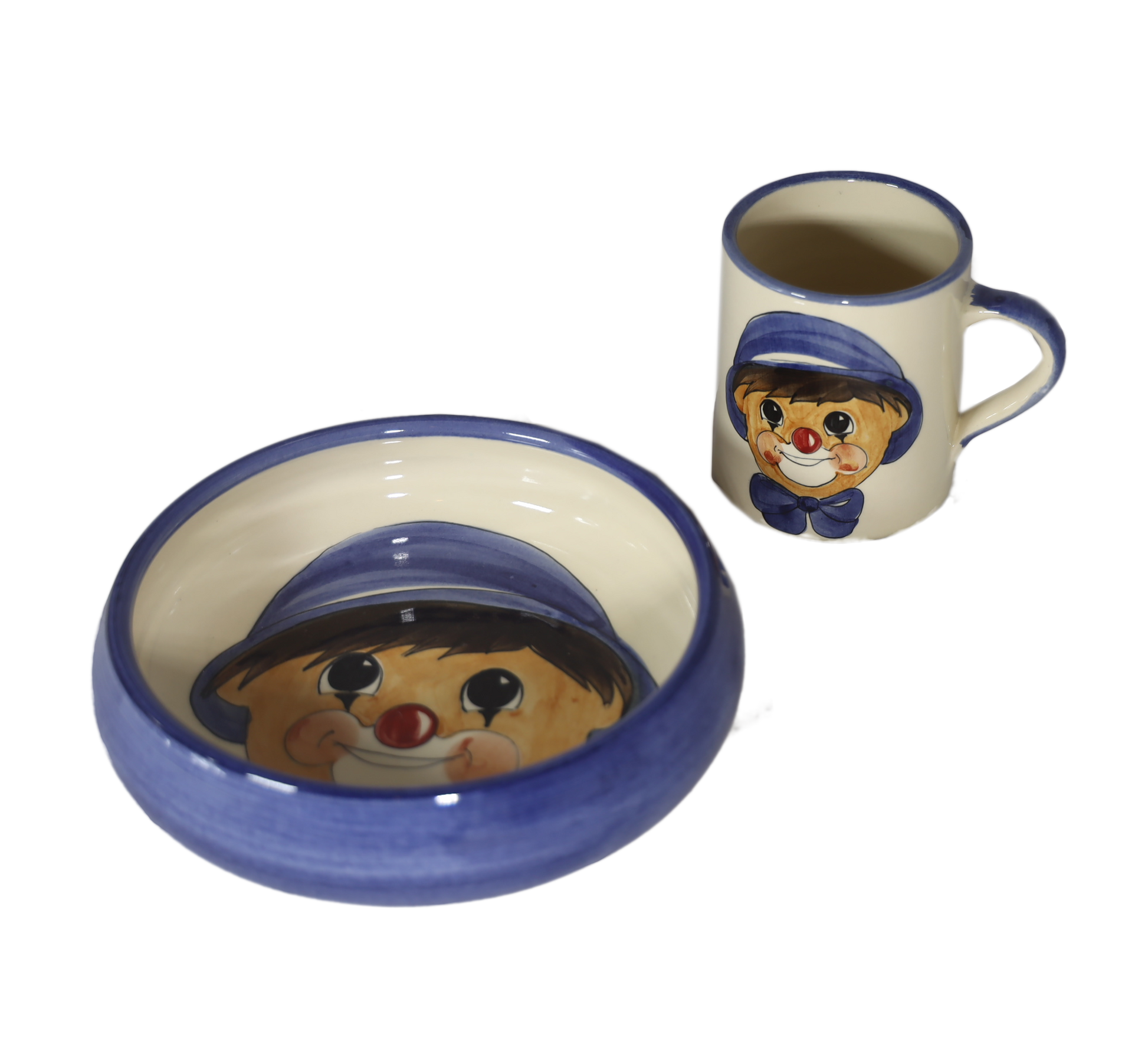 Kinderteller Tasse Keramik Clown blau
