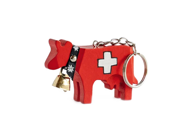 Portachiavi mucca con campanella in legno Swiss