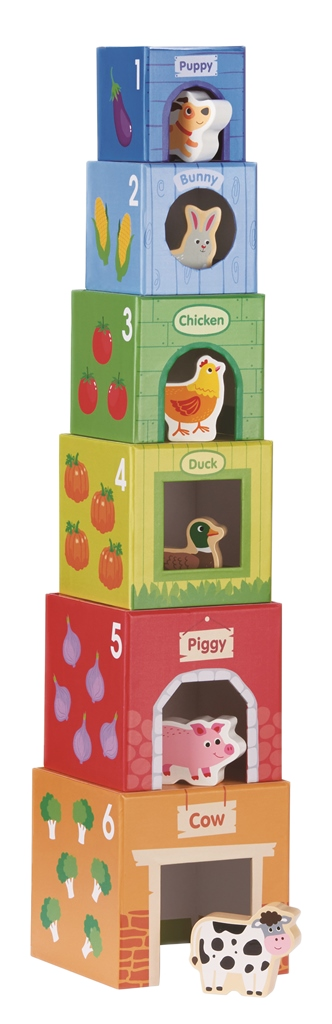 Cardboard stacking tower with wooden animals