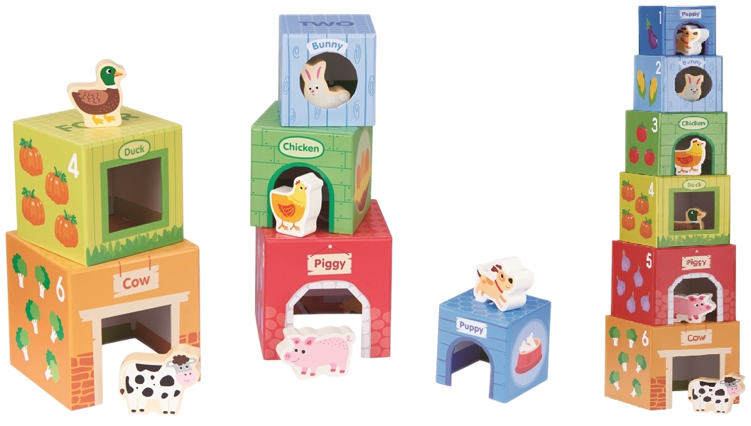 Cardboard stacking tower with wooden animals