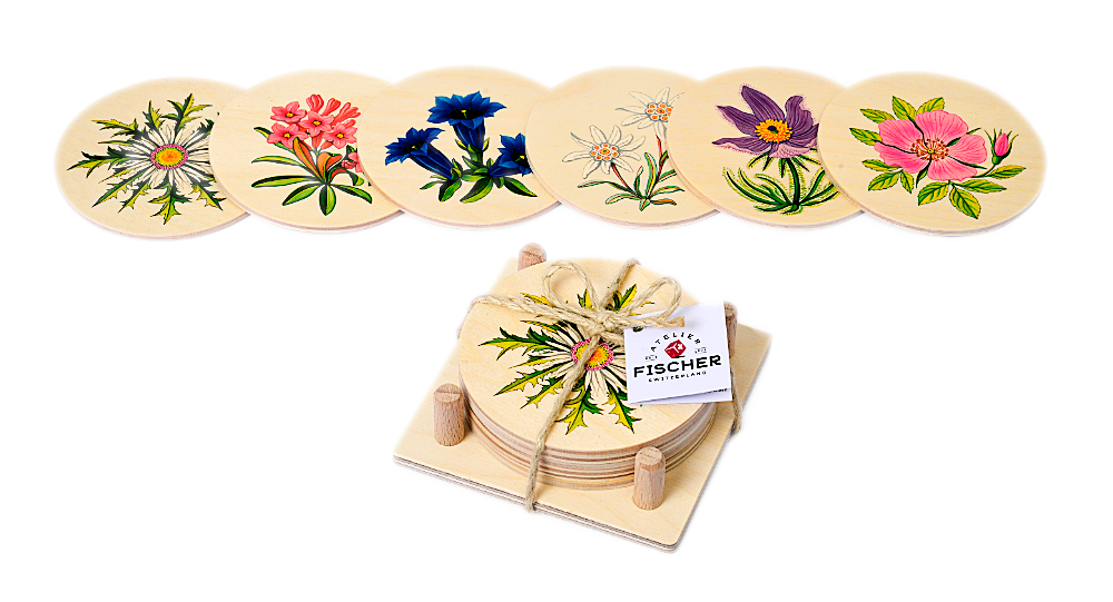 Glass coasters Alpine flowers set of 6