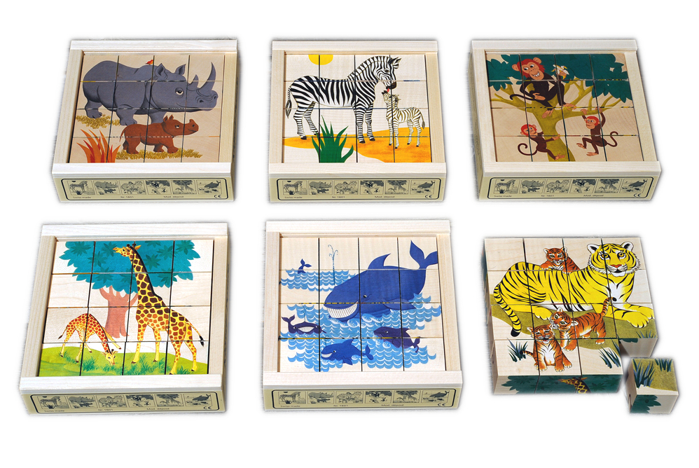 Cube puzzle wild animals with cubs 16-piece maple