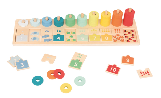 Counting and stacking board made of wood