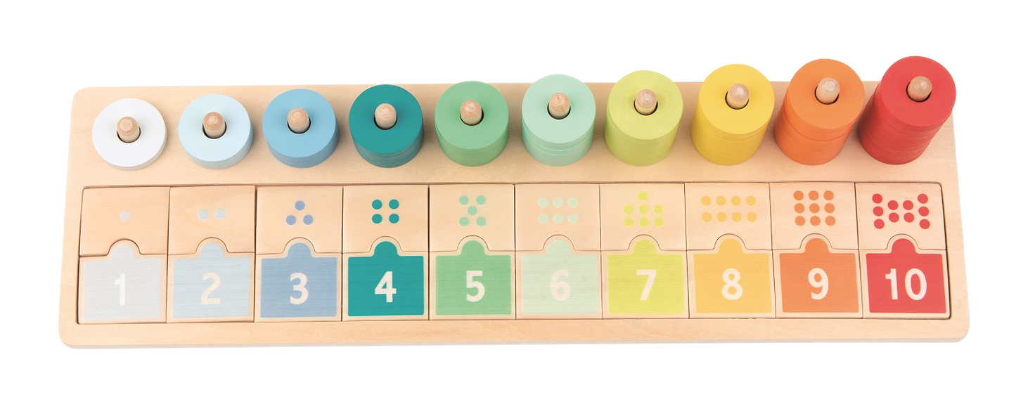 Counting and stacking board made of wood