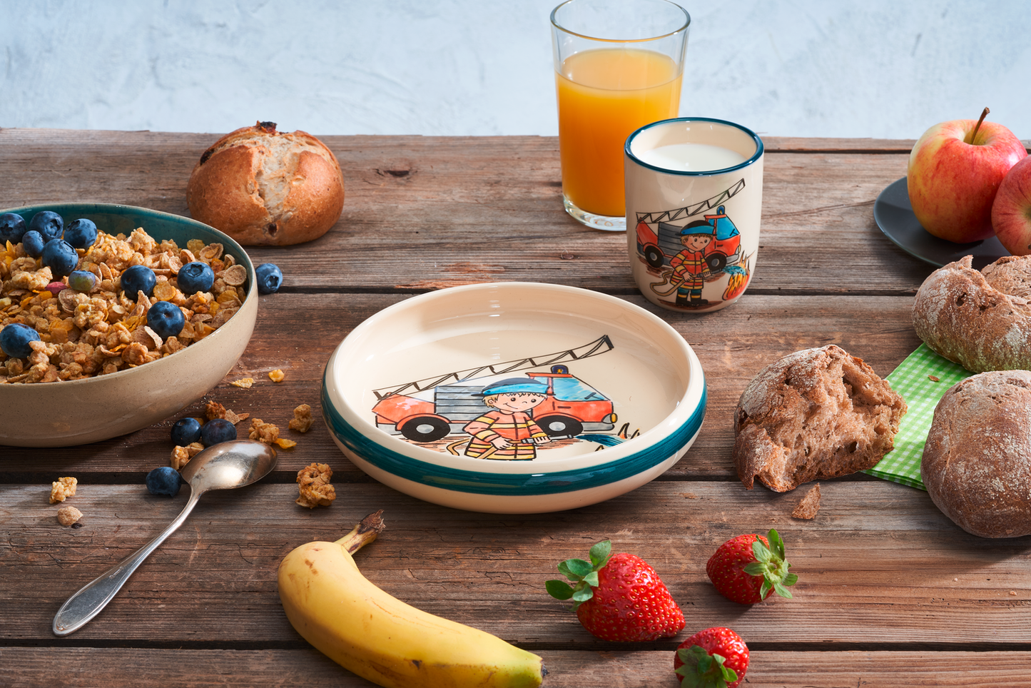 Children's set fire brigade plate+cup ceramic