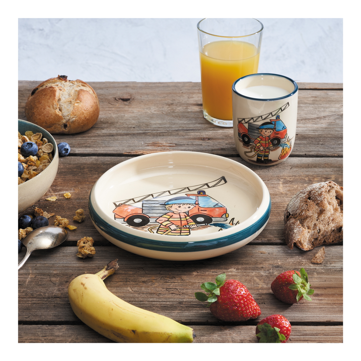 Children's set fire brigade plate+cup ceramic