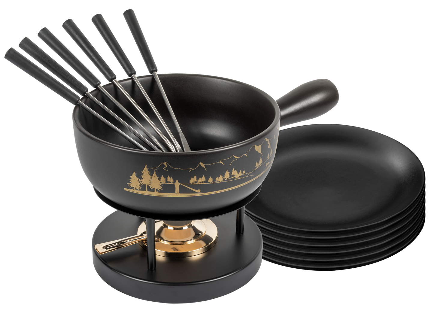 Käsefondue Set Alpenpanorama mit Teller schwarz