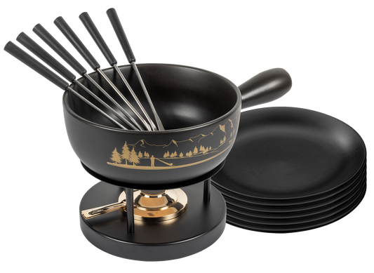 Käsefondue Set Alpenpanorama mit Teller schwarz