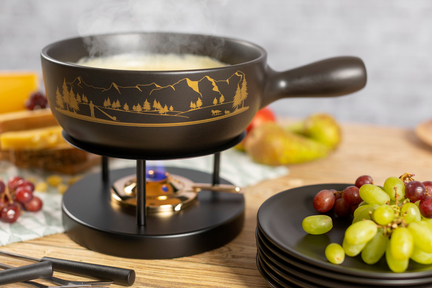 Käsefondue Set Alpenpanorama mit Teller schwarz