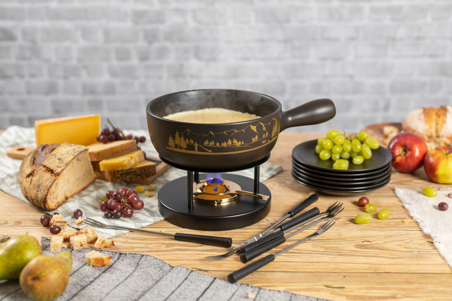 Käsefondue Set Alpenpanorama mit Teller schwarz