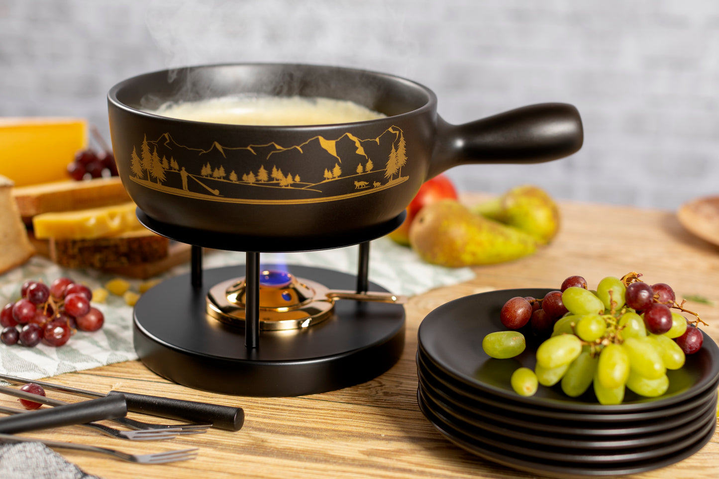 Käsefondue Set Alpenpanorama mit Teller schwarz