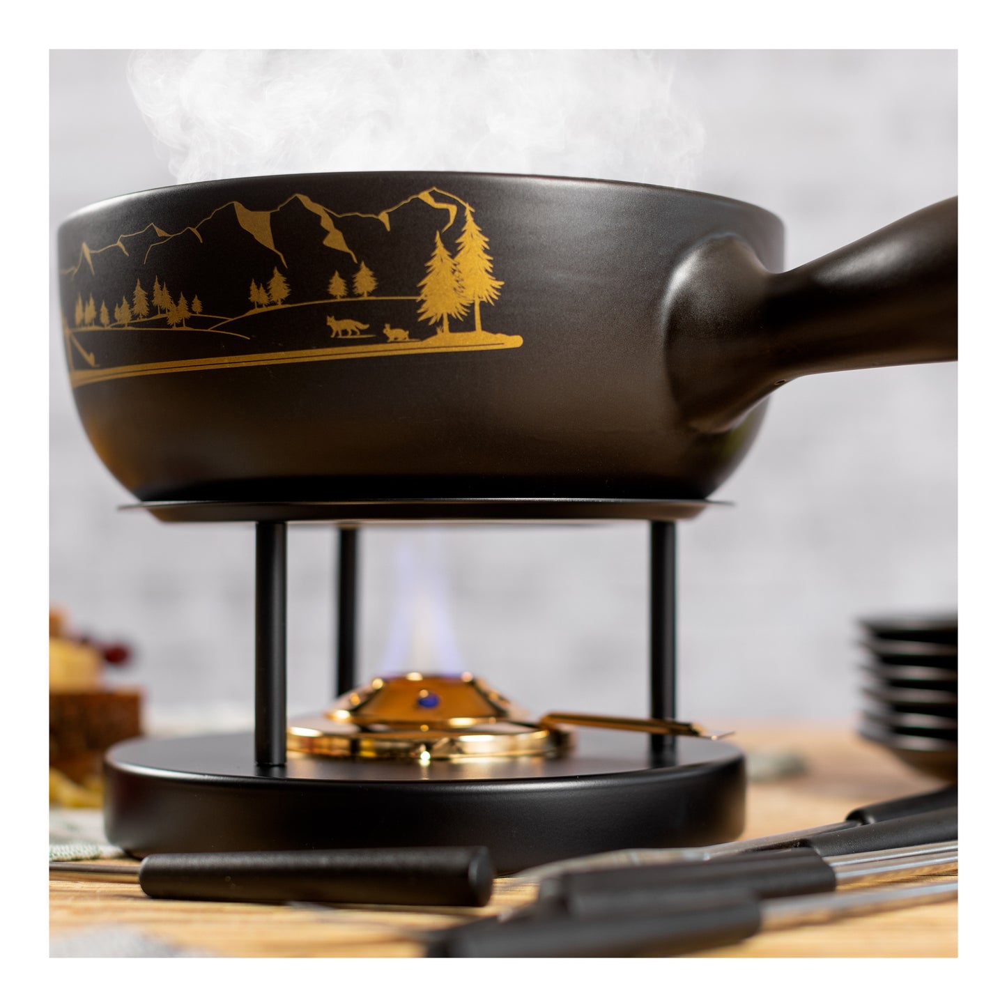 Käsefondue Set Alpenpanorama mit Teller schwarz
