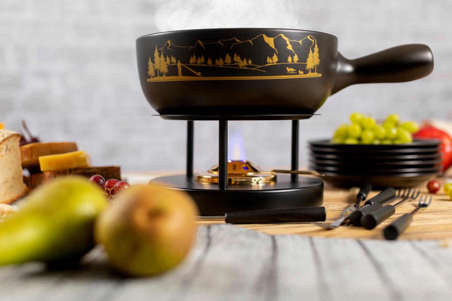 Käsefondue Set Alpenpanorama mit Teller schwarz