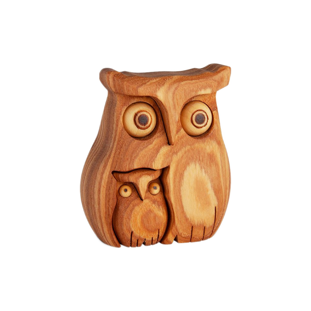 Eule mit zwei Kindern aus Laubholz