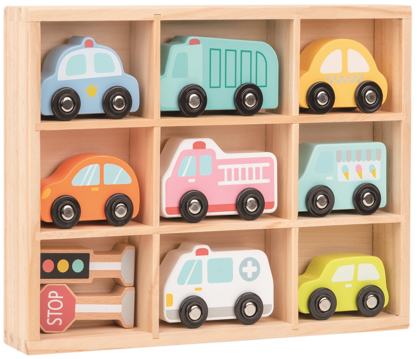 Fahrzeug-Set und Verkehrssignale in Holzbox