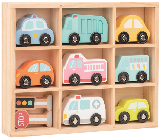 Fahrzeug-Set und Verkehrssignale in Holzbox