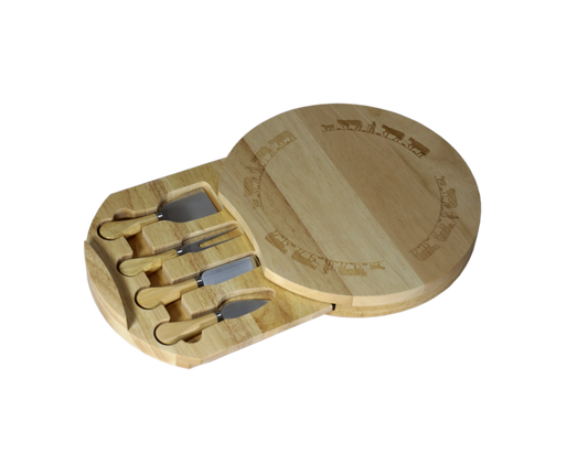 Tagliere rotondo per formaggi con coltelli per formaggio, Alpaufzug, legno, 30 cm