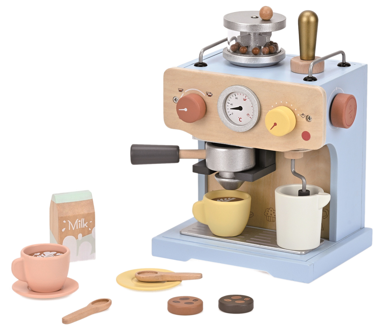 Kaffeemaschine mit viel Zubehörteile Holz