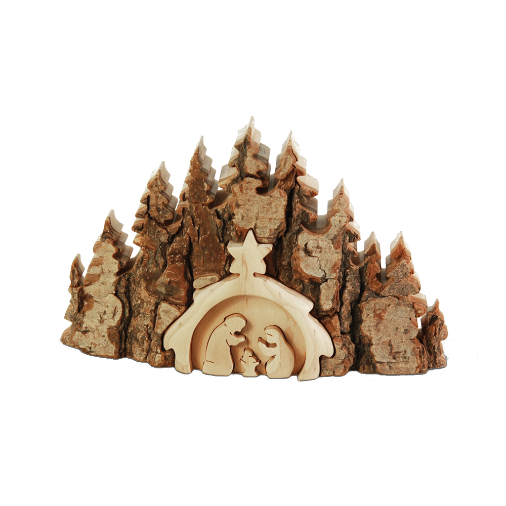 Baumscheibe Krippe im Wald mit RInde Maria Jaosef und Krippe