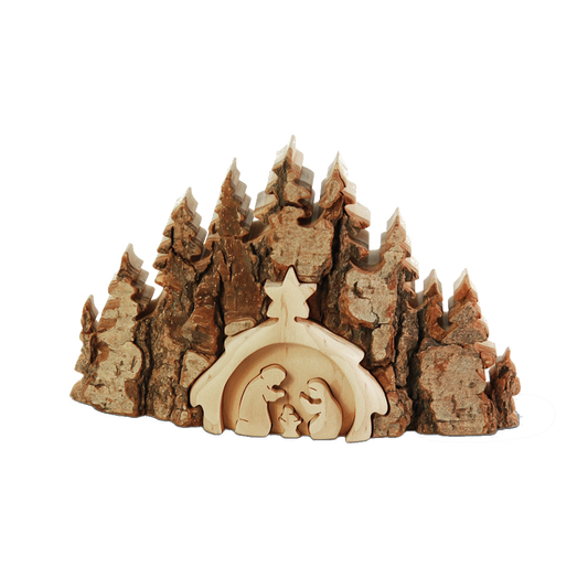 Baumscheibe Krippe im Wald mit RInde Maria Jaosef und Krippe