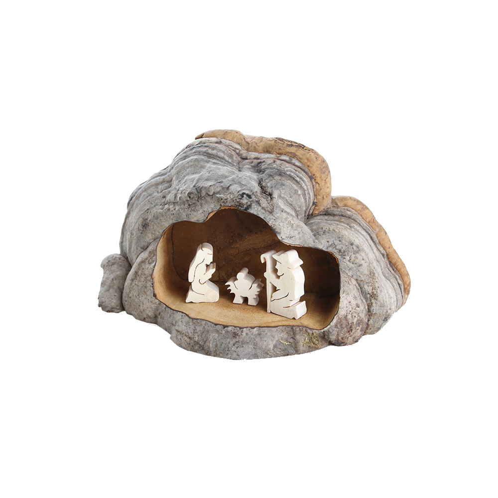 Krippe aus Zunderschwamm Pilz mit 3 Figuren