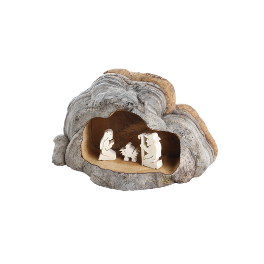 Krippe aus Zunderschwamm Pilz mit 3 Figuren