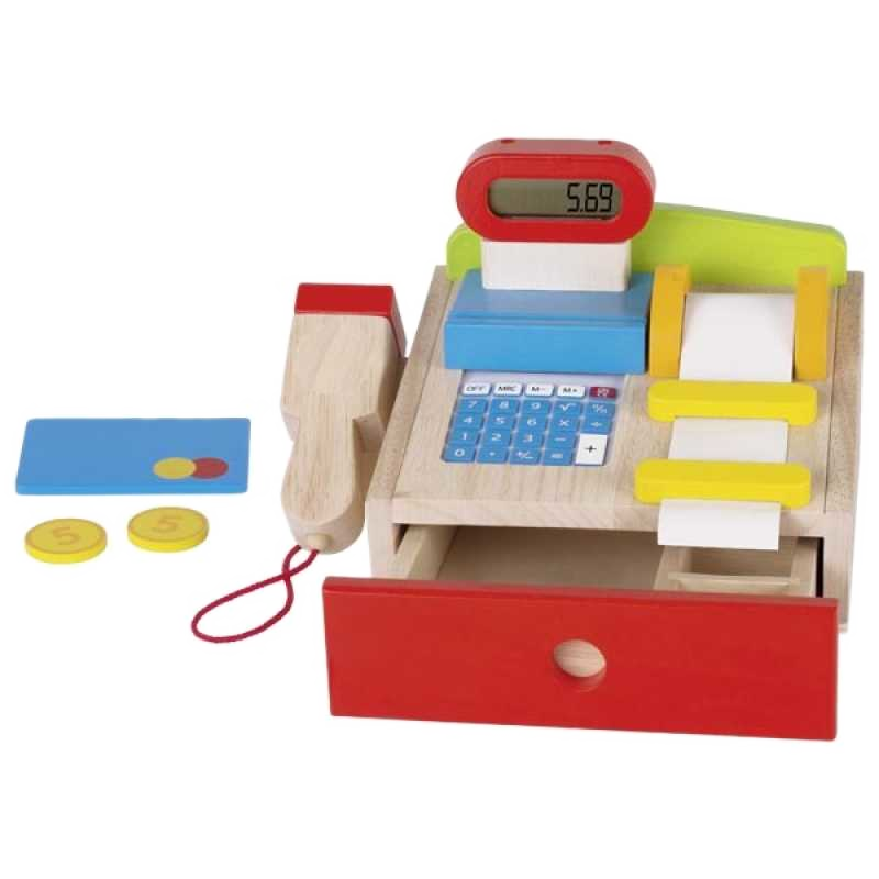 Ladenkasse aus Holz mit Papierrolle