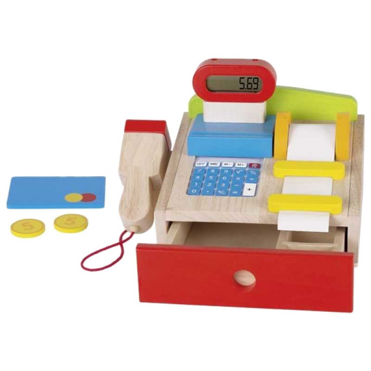 Ladenkasse aus Holz mit Papierrolle