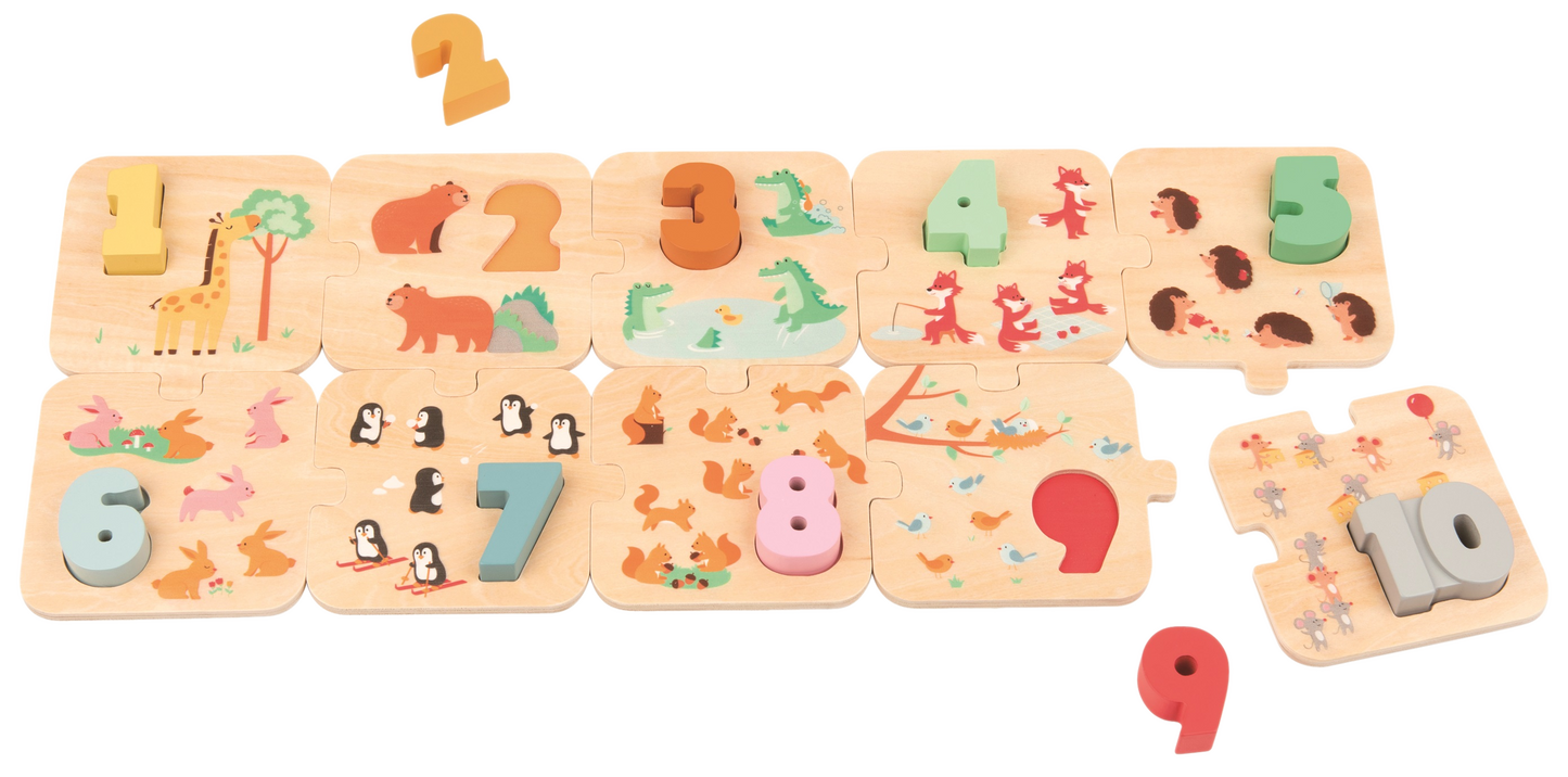 Holzpuzzle Zahlen 1-10 mit Tiermotiven