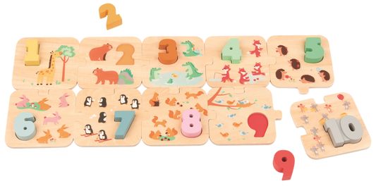 Holzpuzzle Zahlen 1-10 mit Tiermotiven