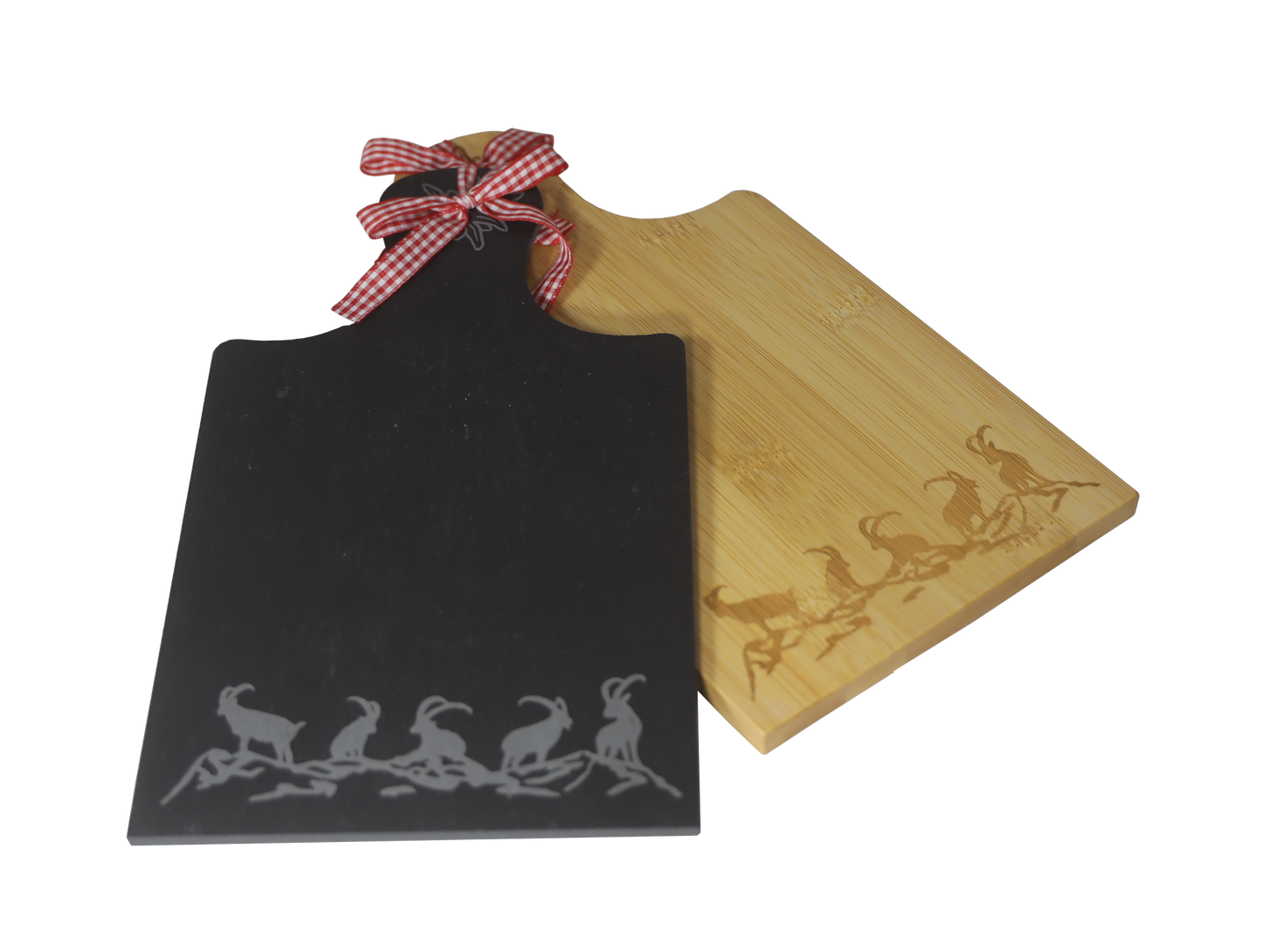 Servierbrett m. Griff Steinböcke-Silhouette Bambu/Schiefer Set