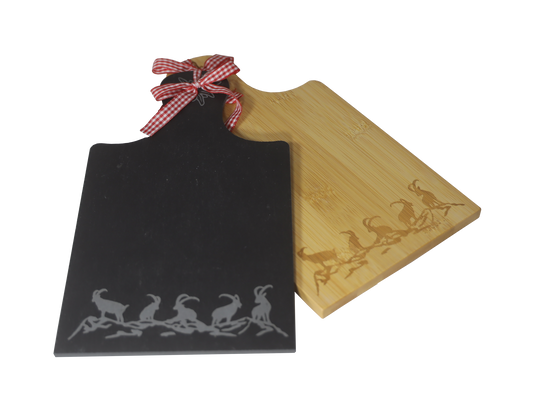Servierbrett m. Griff Steinböcke-Silhouette Bambu/Schiefer Set
