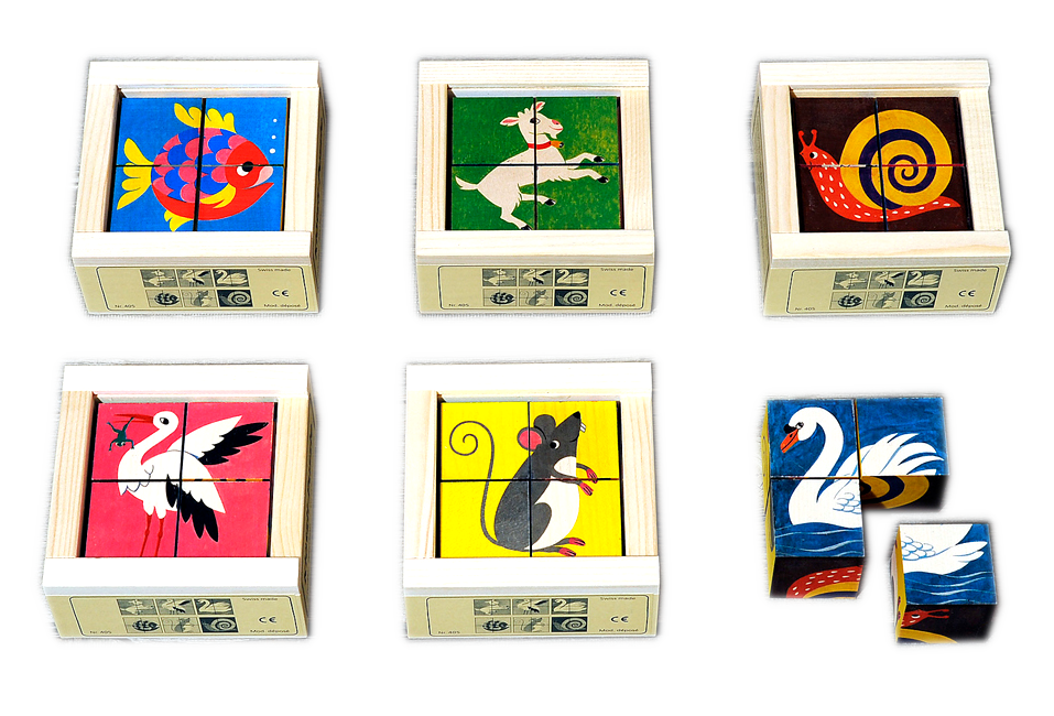 Würfelpuzzle Haustiere farbig 4-teilig Ahorn