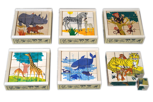 Cube puzzle wild animals with cubs 16-piece maple