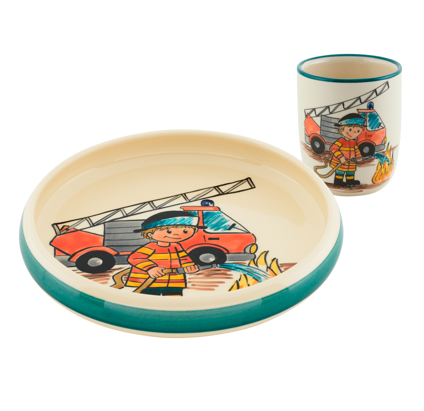 Kinderset Feuerwehr Teller+Tasse Keramik