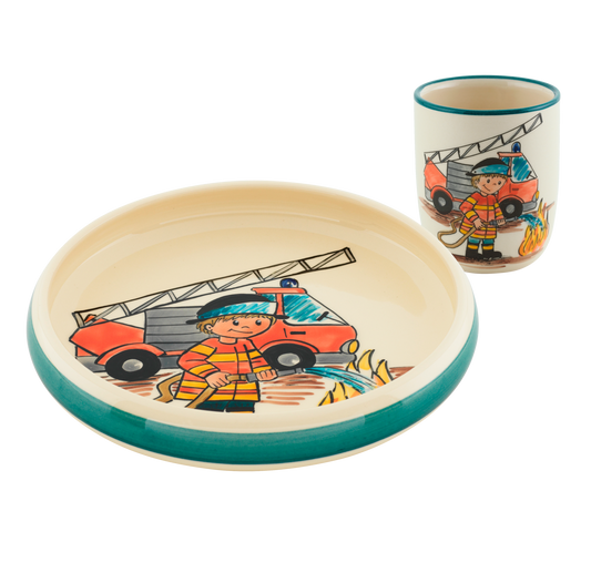 Kinderset Feuerwehr Teller+Tasse Keramik